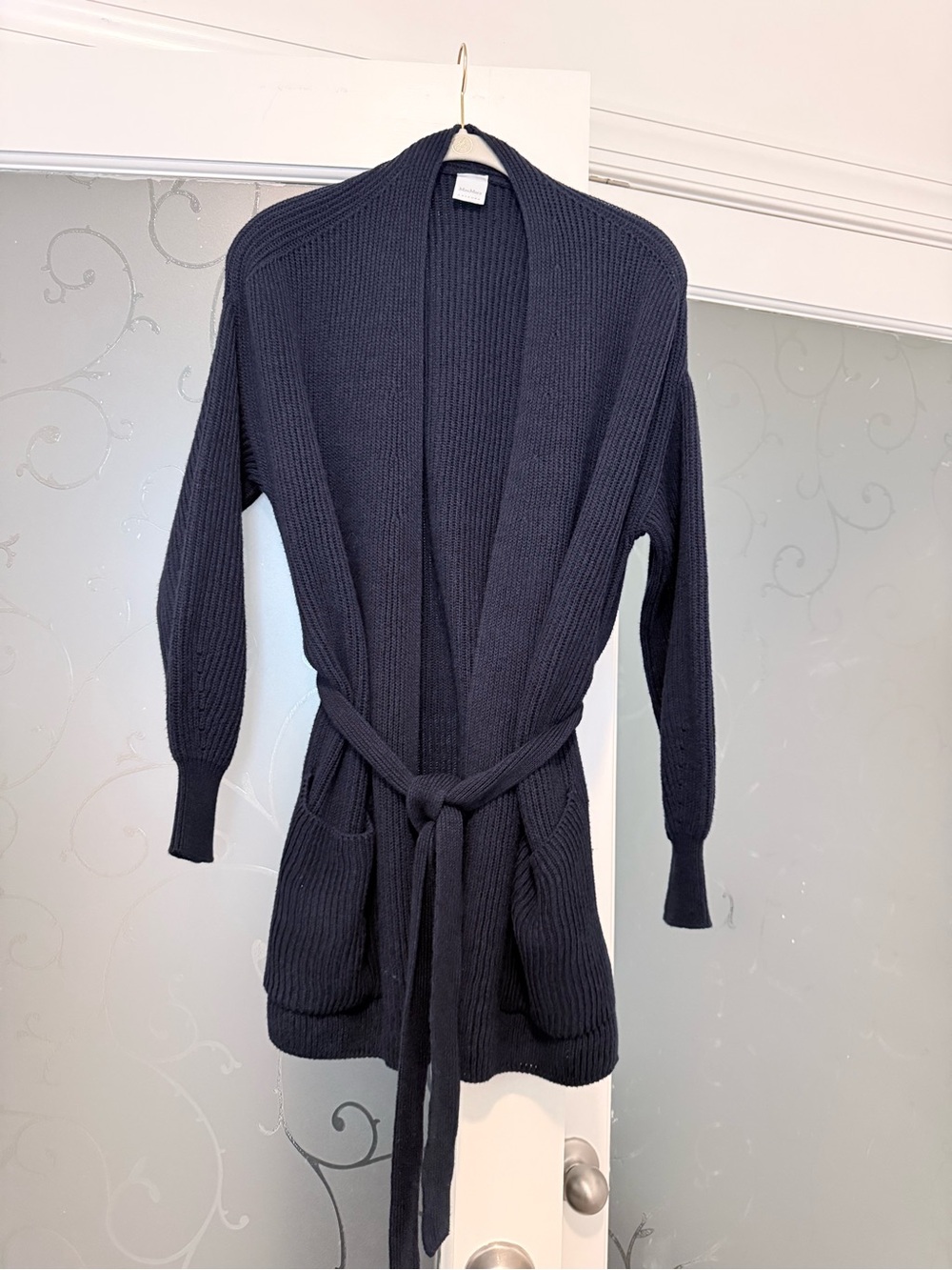 MaxMara Navy Blue Ribbed Belted Open-Front Cardigan